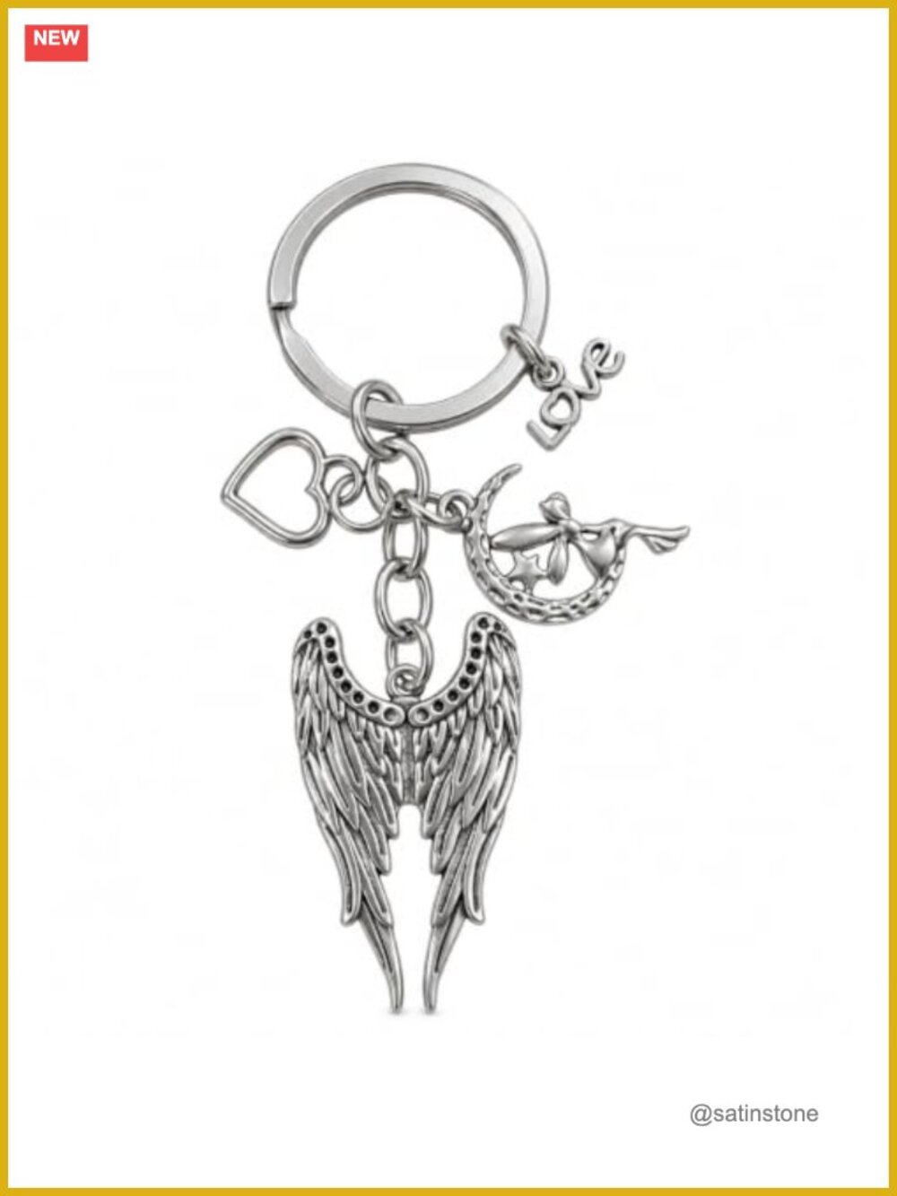 Engraved Angel Wings Moon Fairy Metal Keychain Bag Charm Split Ring